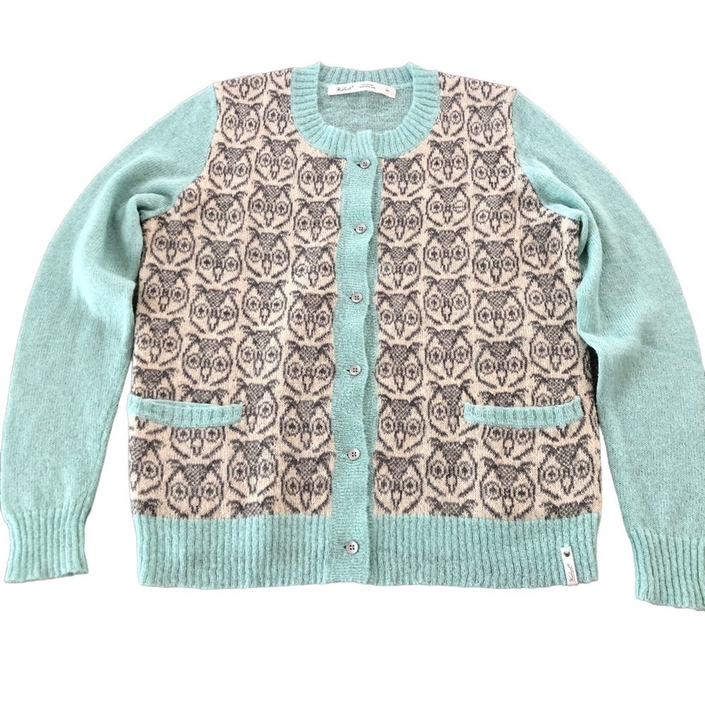 Woolrich Small Button Up Cardigan Sweater Aqua Owl Novelty Print Wool Mohair S